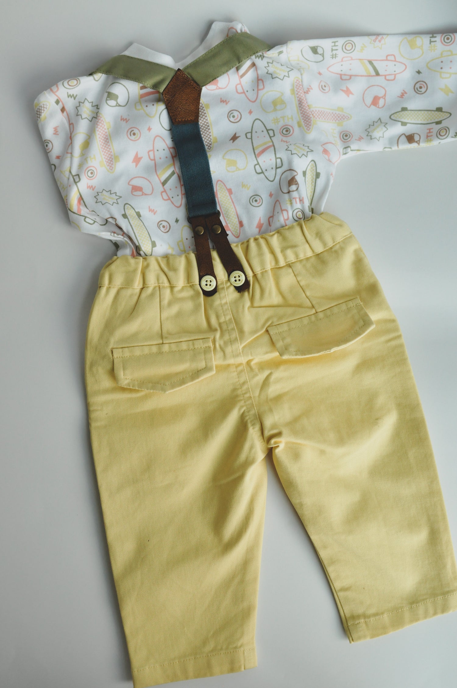 Baby Boys Printed Top and Yellow Suspender Pants Set
