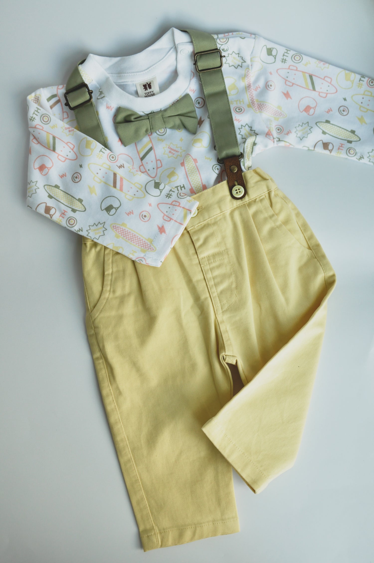 Baby Boys Printed Top and Yellow Suspender Pants Set