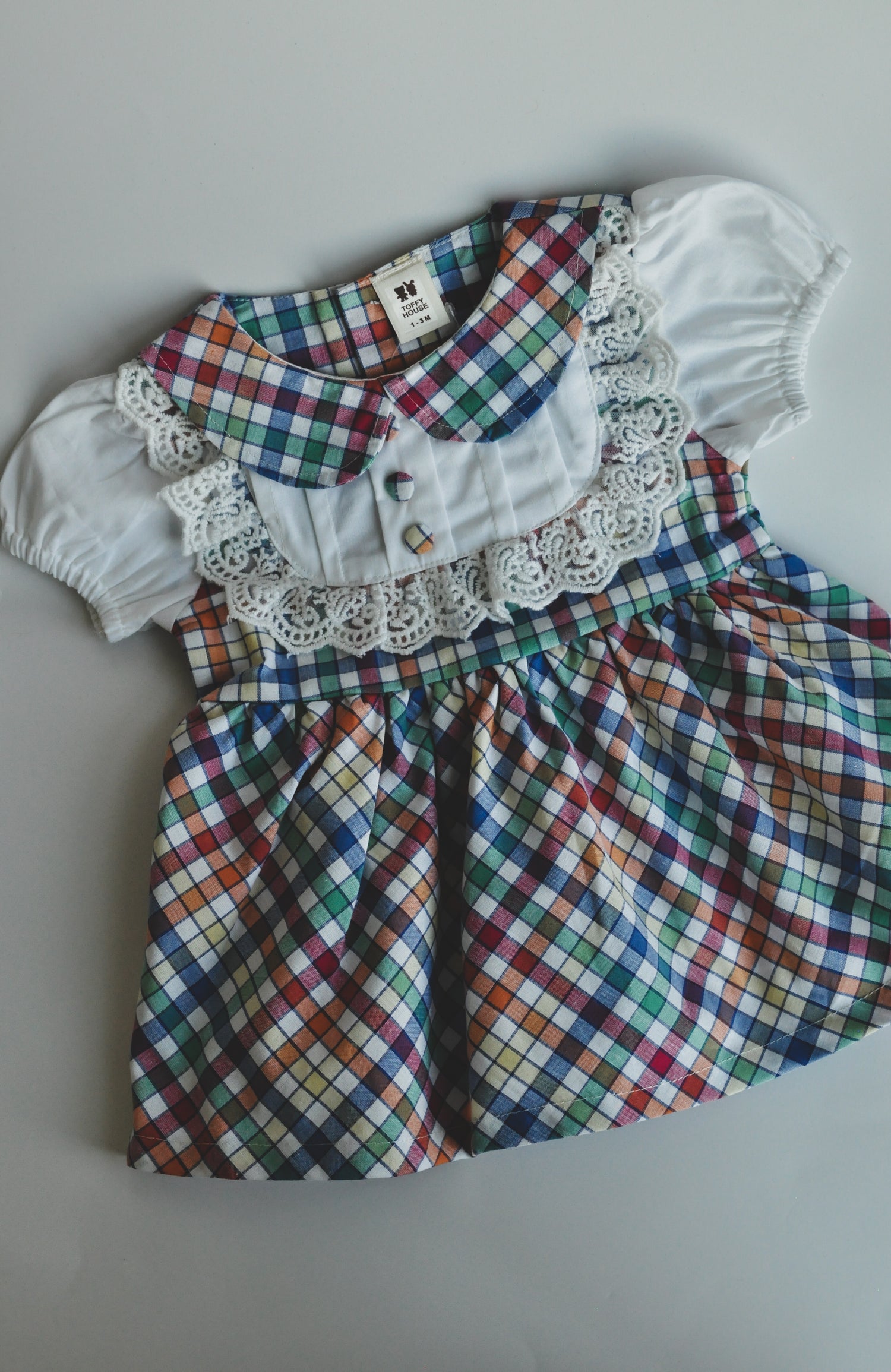 Baby Girl Multicolor Check Dress with Lace Collar