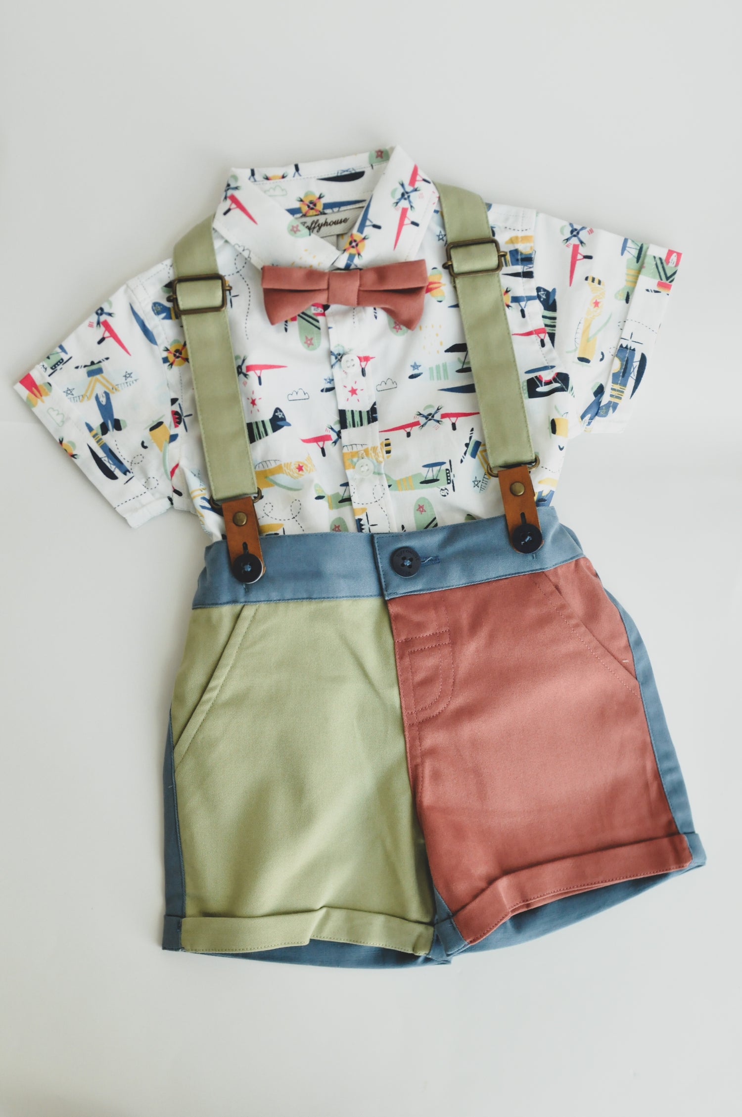 Baby Boys Airplane Print Shirt and Suspender Shorts Set