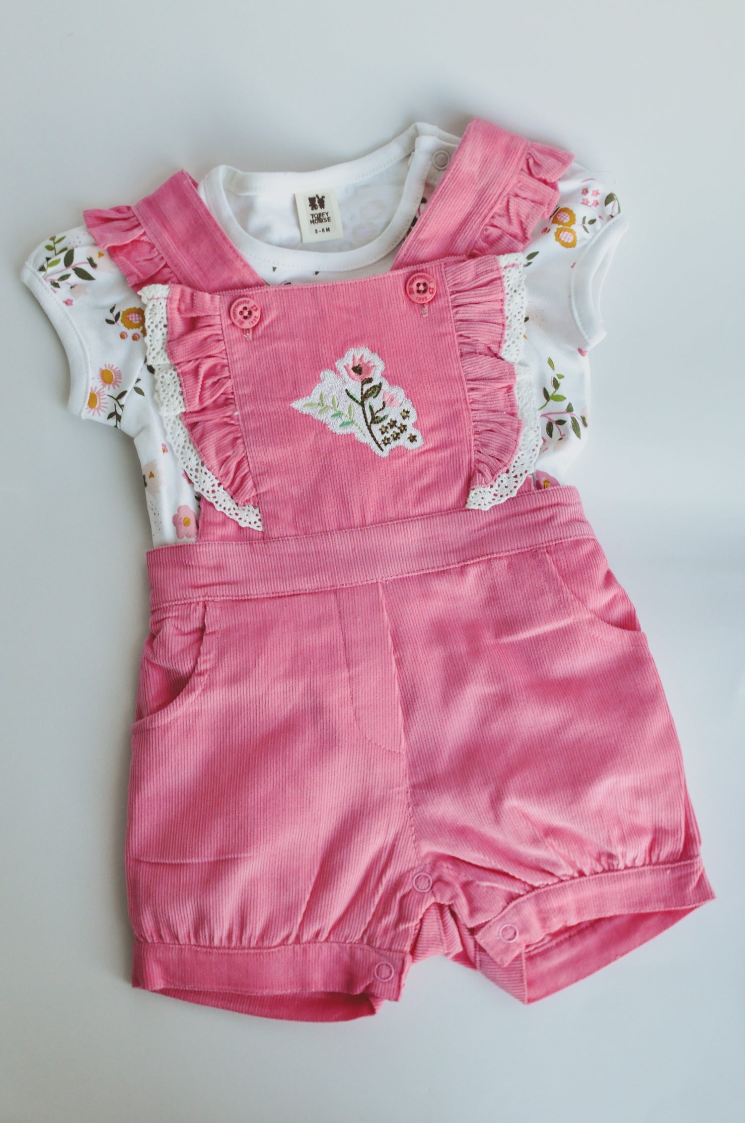 Pink Floral Ruffle Dungaree Romper Set