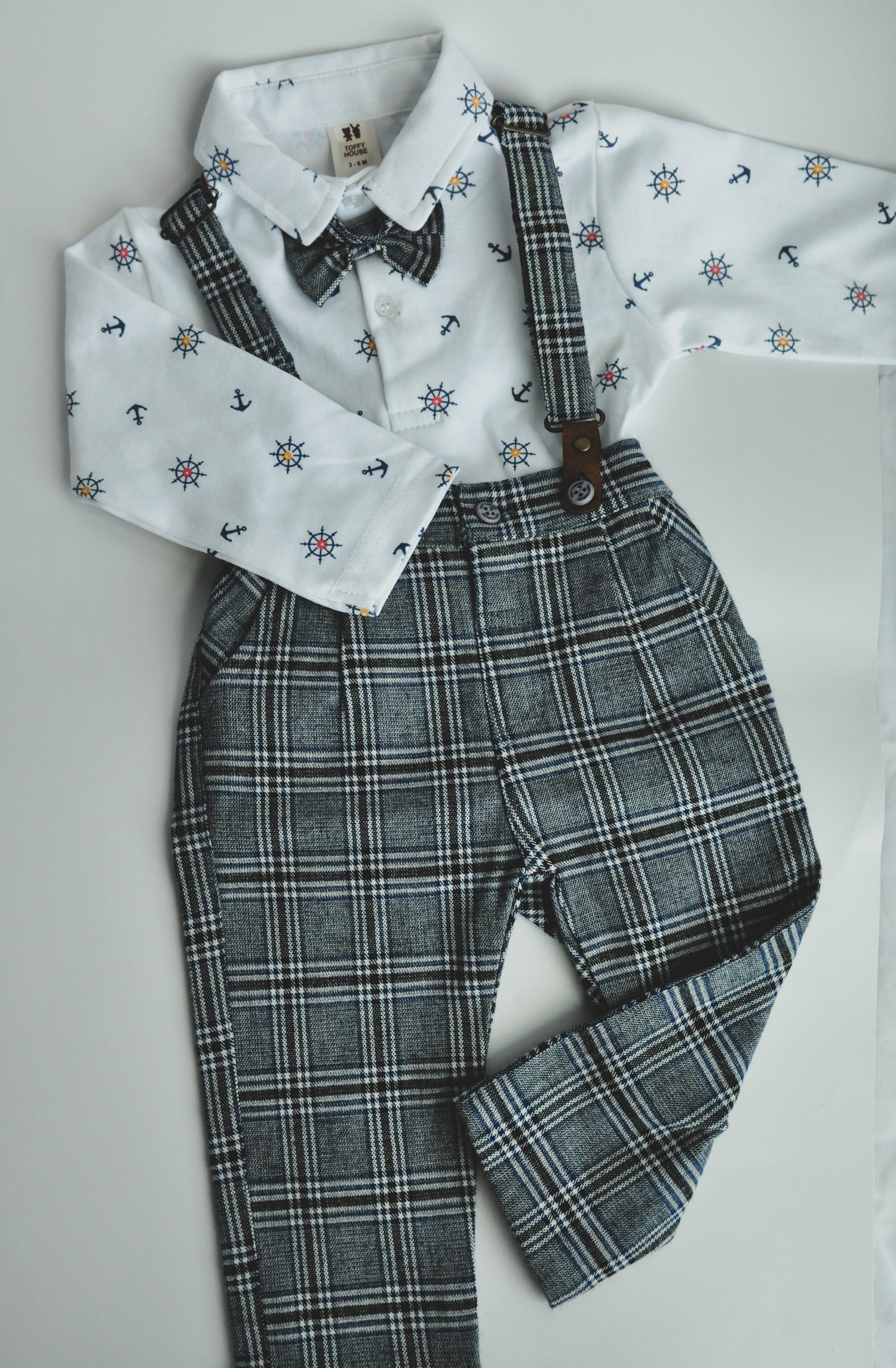 Baby Formal Shirt & Checkered Suspender Pants Set with Bow Tie