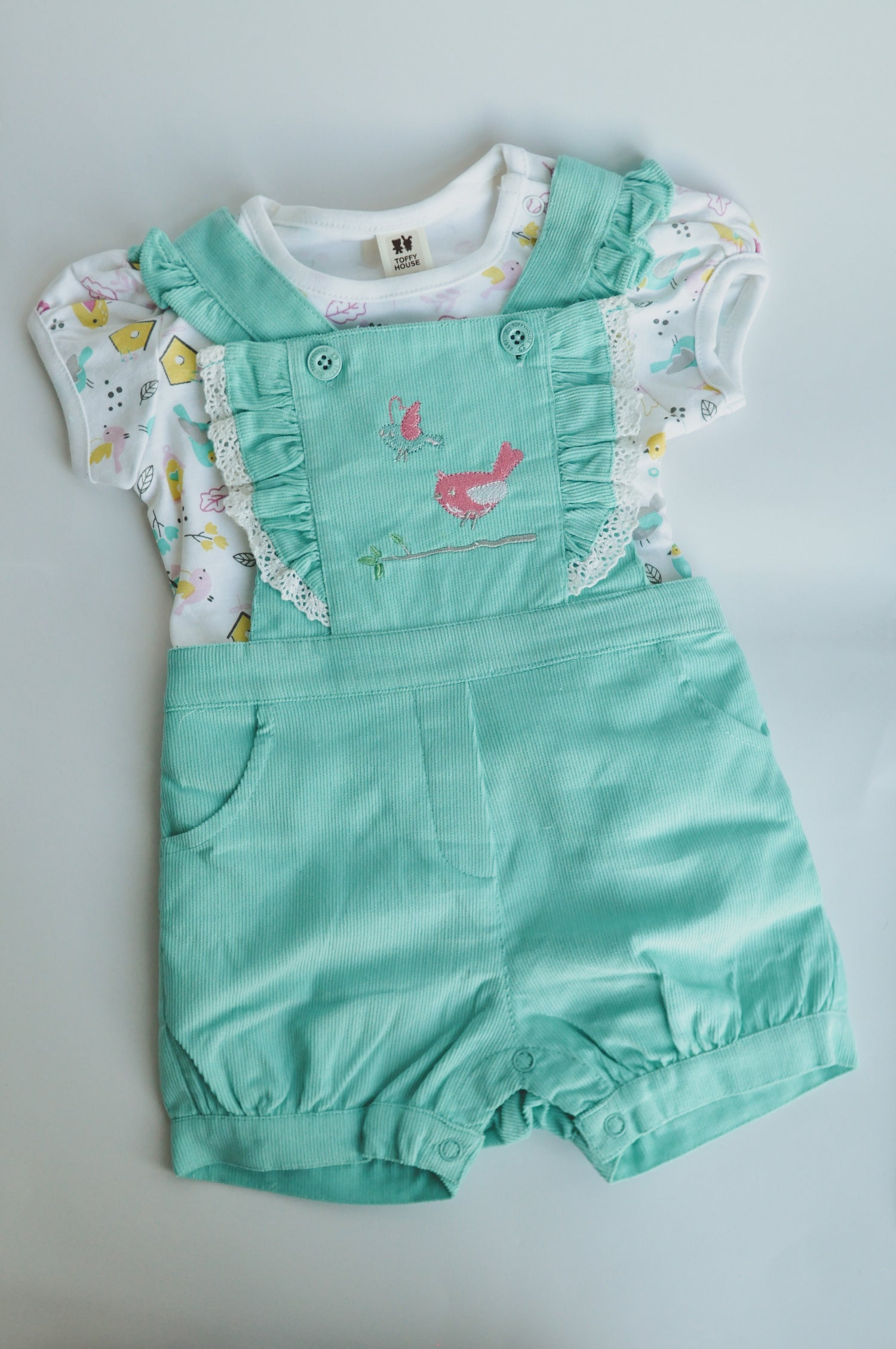 Mint Bird Embroidered Dungaree Romper Set