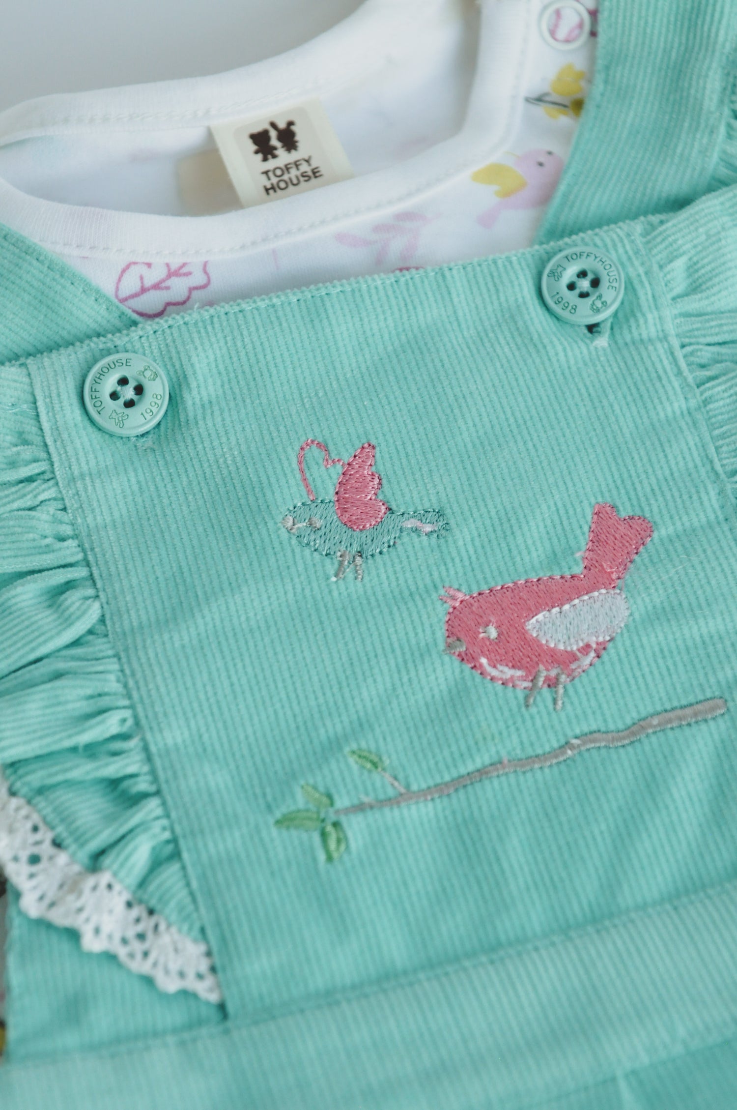 Mint Bird Embroidered Dungaree Romper Set